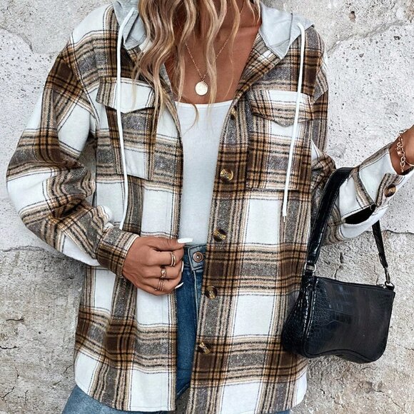 Brown Casual Womens Plaid Print Drop Shoulder Drawstring Hooded Coat - Picture 3 of 5